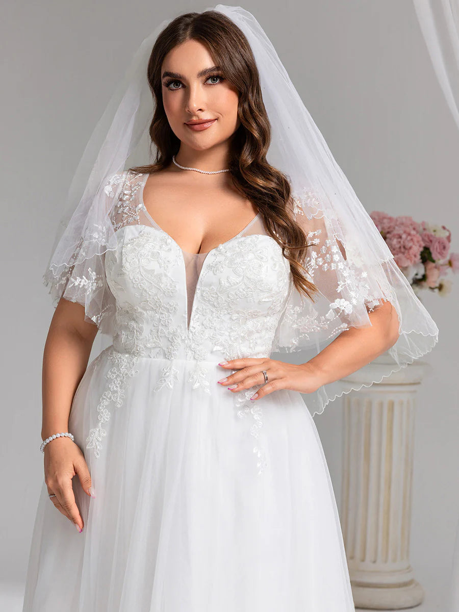 V-Neck Short Sleeves A-Line Floor-Length Wedding Dress with Embroidery