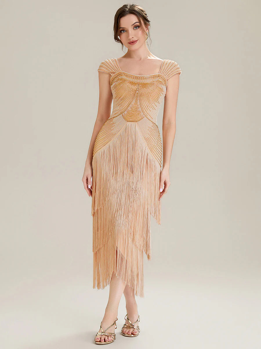 Volume Discounts Strapless Sheath Midi Length Square Neck Beaded Wedding Guest Dress