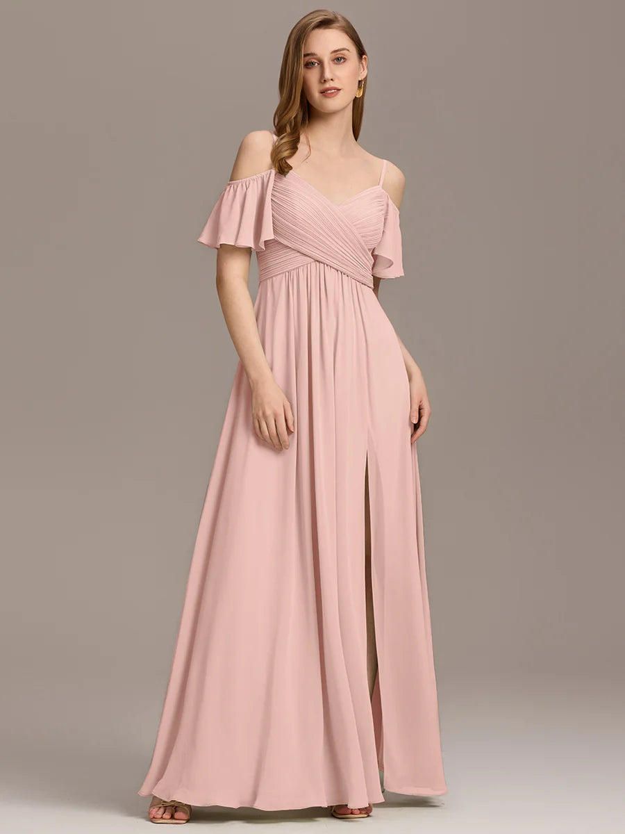 Short Sleeve Off Shoulder Pleated A-Line Split Floor-Length Bridesmaid Dresses