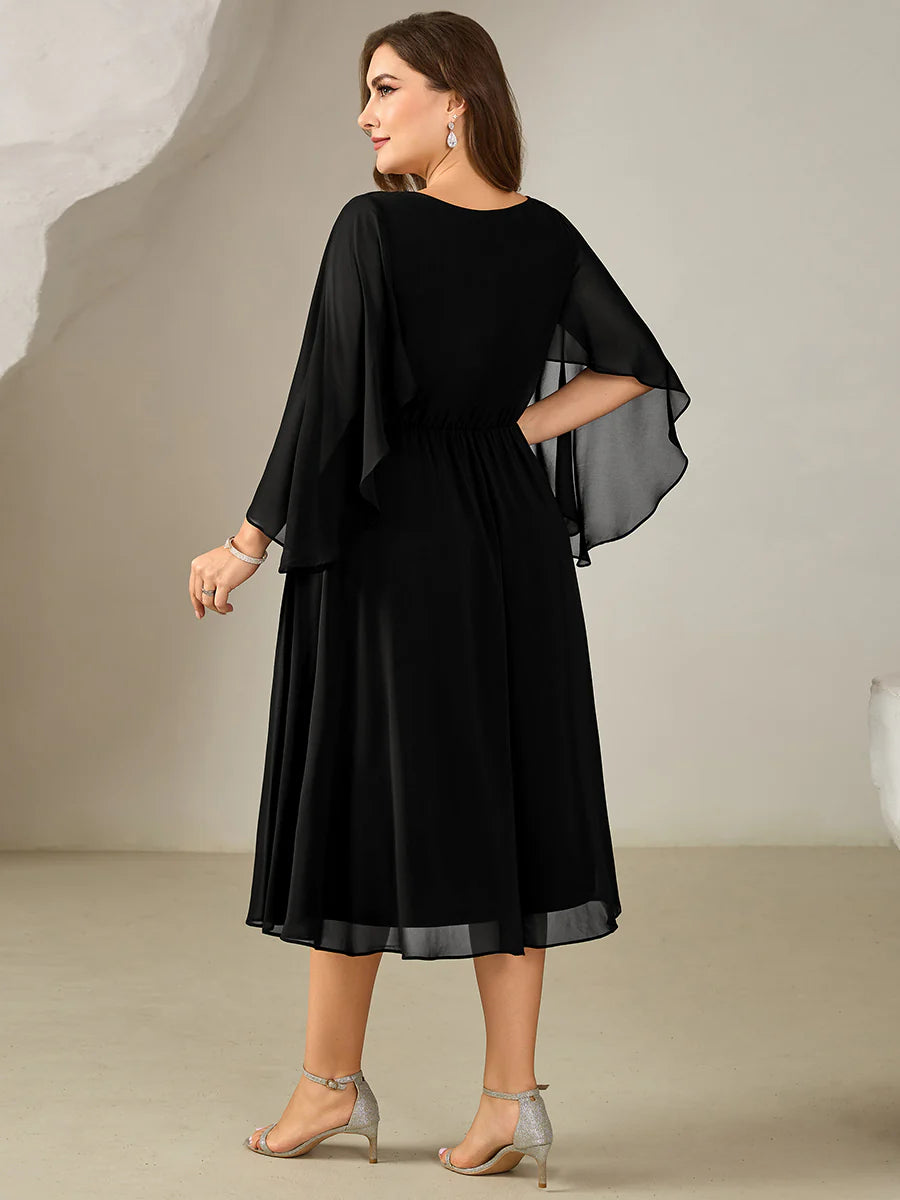 Plus Size 3/4 Sleeve Ruffle Deep V-Neck A-Line Midi Wedding Guest Dresses