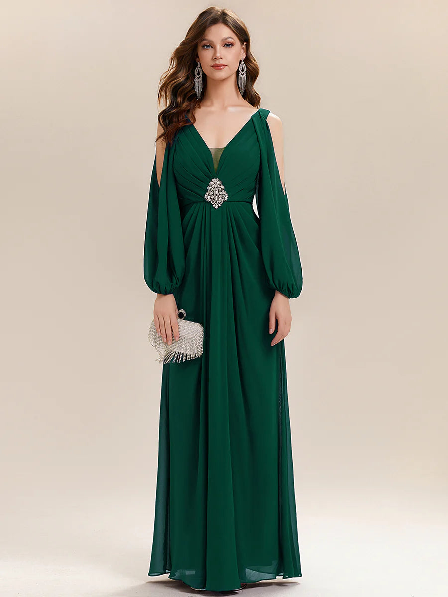 Volume Discounts Long Sleeve Lantern Sleeve A-Line Floor Length V-Neck Wedding Guest Dresses