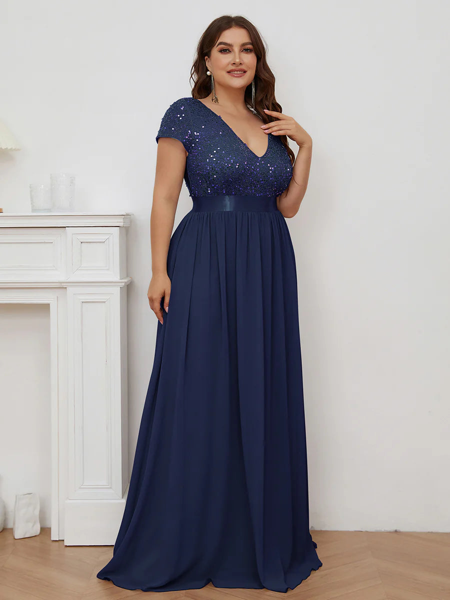 Plus Size Deep V Neck Pencil Wholesale Evening Dresses with Short Sleeves
