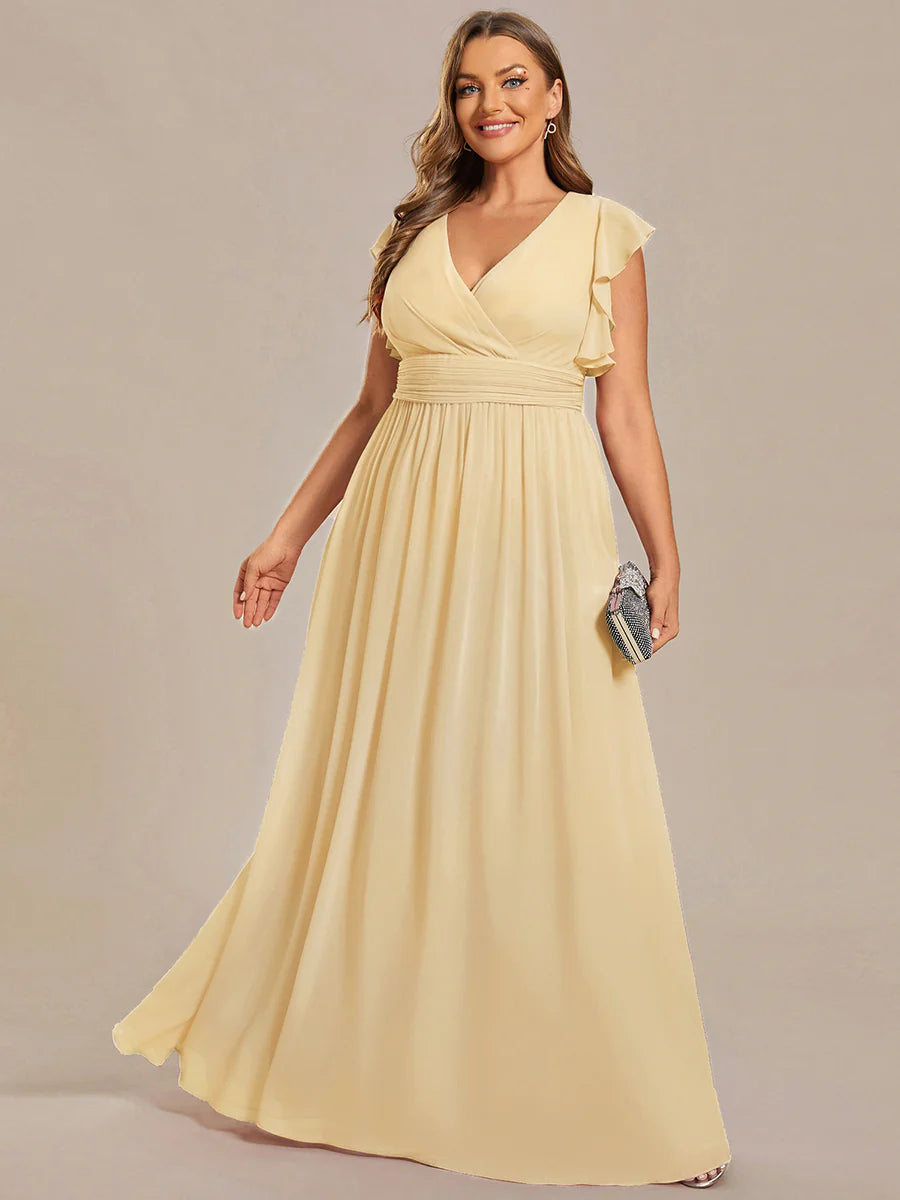 Plus V Neck Pleated Belted Ruffles Wholesale Bridesmaid Dresses