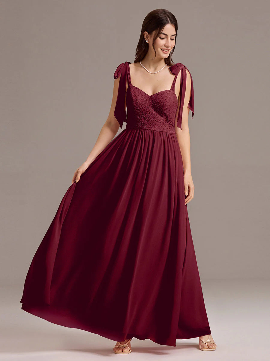Chiffon Sweetheart Neck Bow Tie Backless A-Line Lace Bridesmaid Dress
