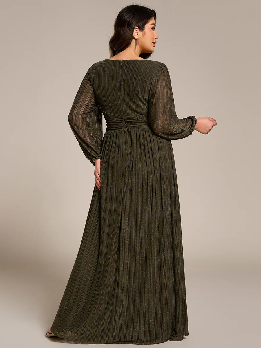 Plus Size Maxi Long Chiffon Waist  V Neck Wholesale Evening Dress with Long Sleeves