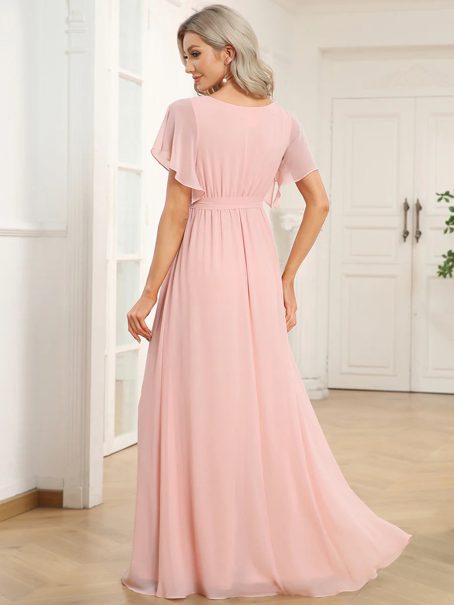A Line Wholesale Evening Dresses with Deep V Neck Ruffles Sleeves
