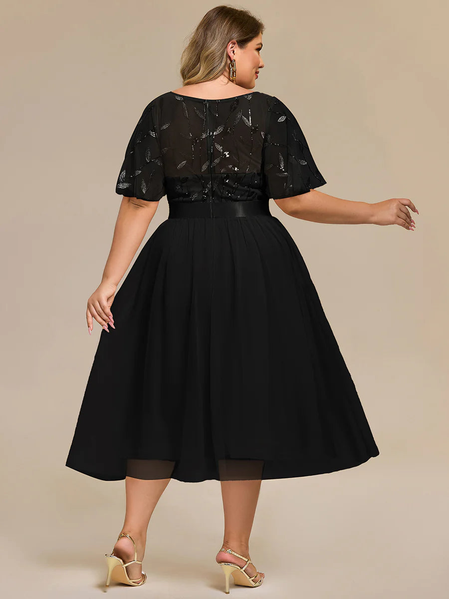 Bulk Order | Plus Size Fit A-Line Deep V-Neck Evening Gown | Ruffled Short Sleeve Midi Dress