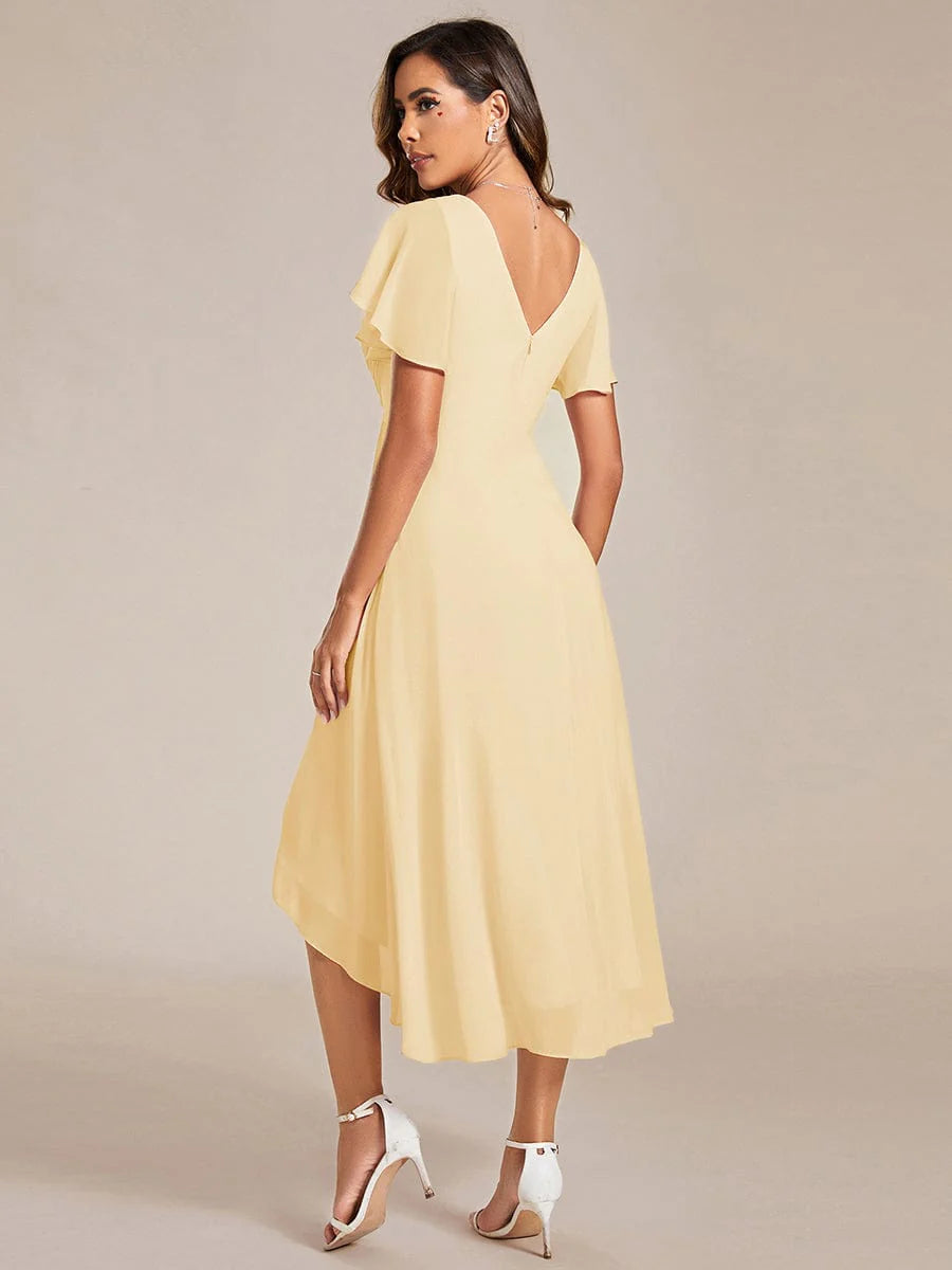 Chic V Neck High-Low Short Sleeve Wedding Guest Dress