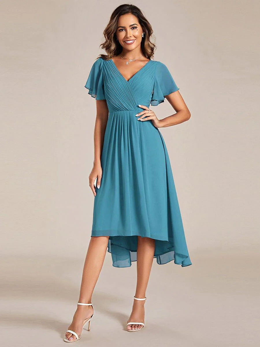 Chic V Neck High-Low Short Sleeve Wedding Guest Dress