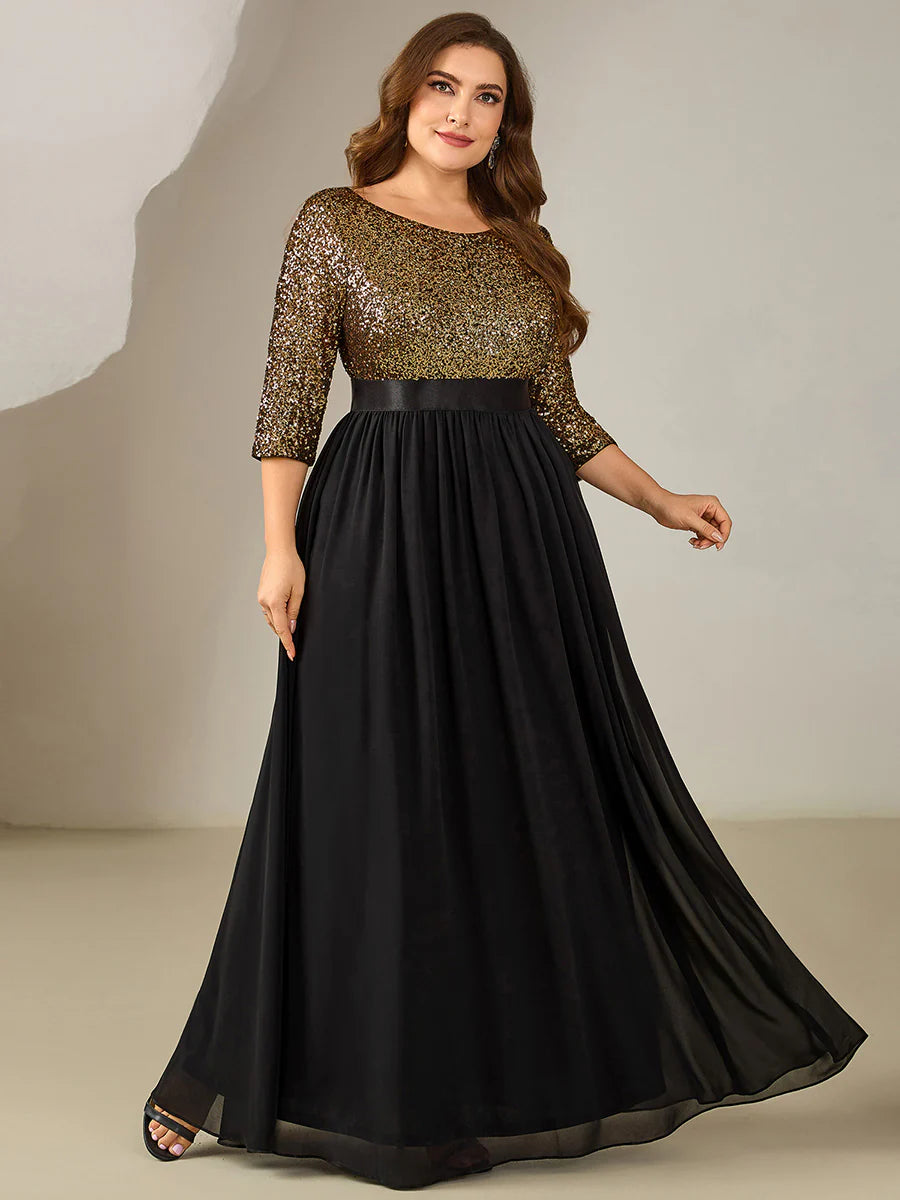 Plus Size 3/4 Sleeve Sequin Patchwork A-Line Floor Length Evening Dresses