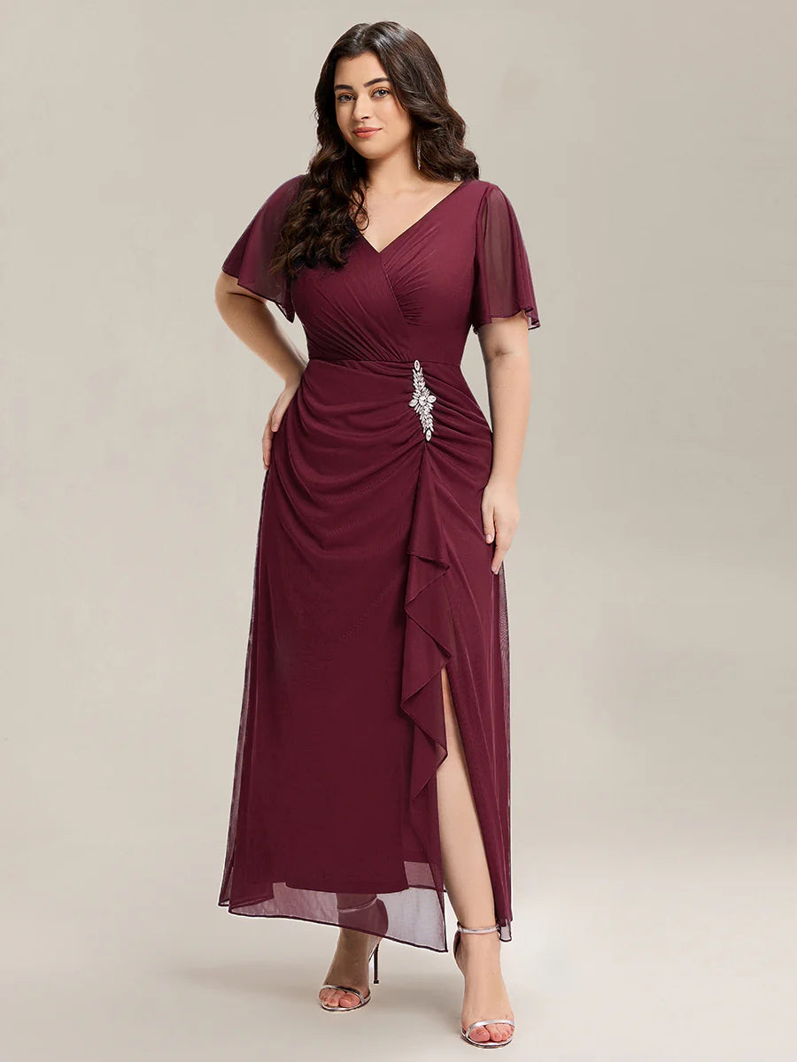 Plus Size Short Sleeve Ruffled Deep V Neck A-Line Slit Maxi Dress for Mother of the Bride