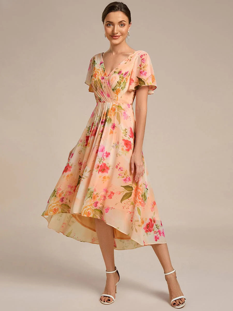Chic V Neck High-Low Short Sleeve Wedding Guest Dress