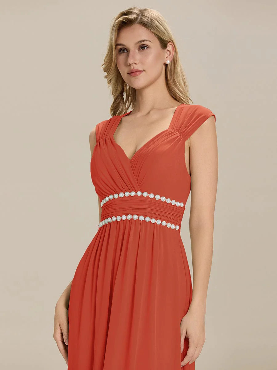 Custom Made Sleeveless Pleated Deep V-Neck A-Line Floor Length Dress; Bridesmaid Dresses