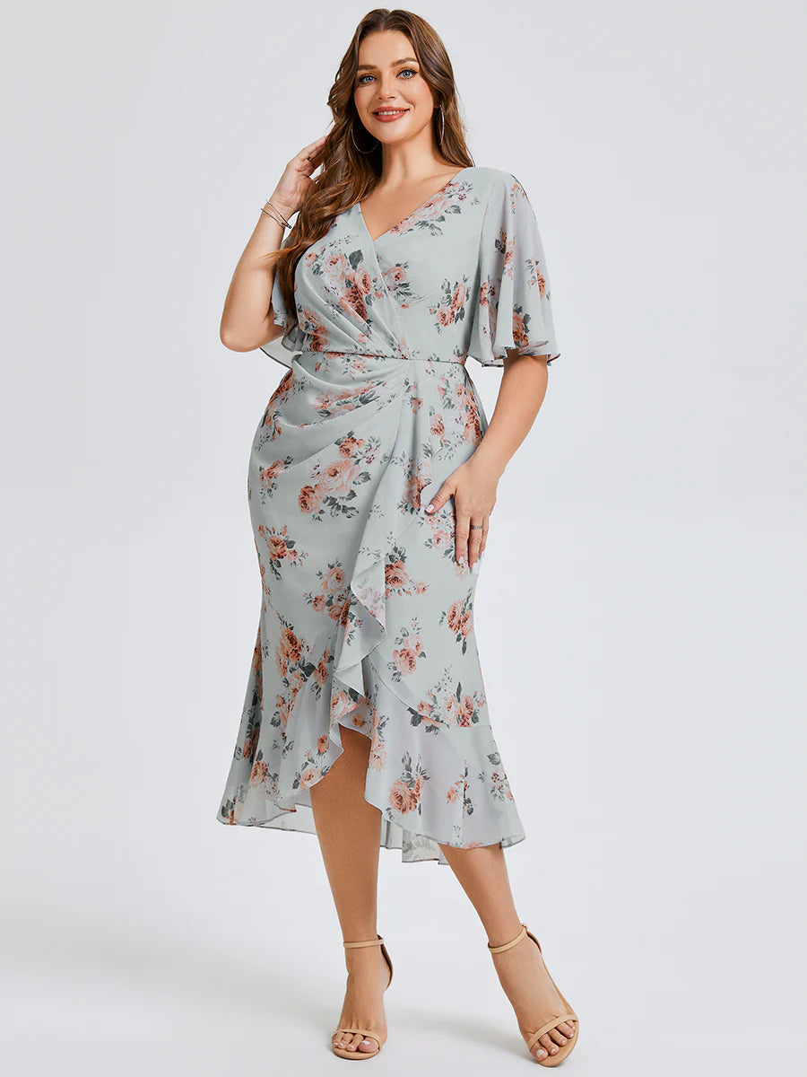 Plus Size Short Sleeve Ruffle Deep V-Neck Fishtail High-Low Wedding Guest Dresses