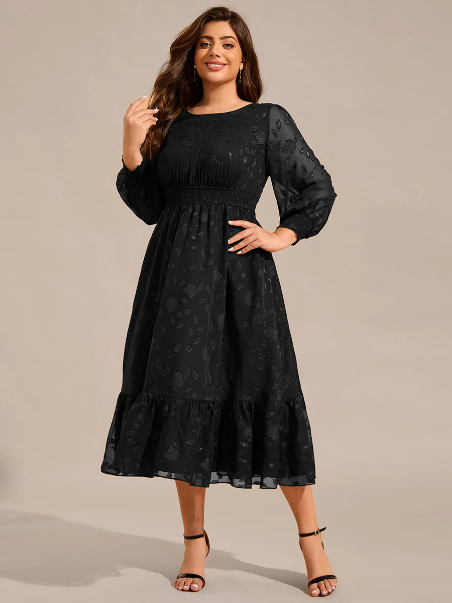 Exquisite Plus Size Round Neck Lotus Leaf Hem Wedding Guest Dresses with Embroidery Applique Decoration
