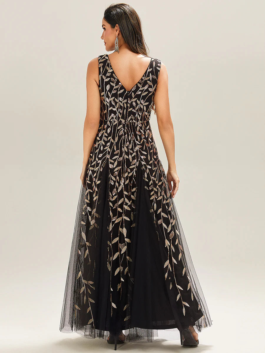 Shiny V-Neck Sequin Sleeveless Evening Dress with Tulle