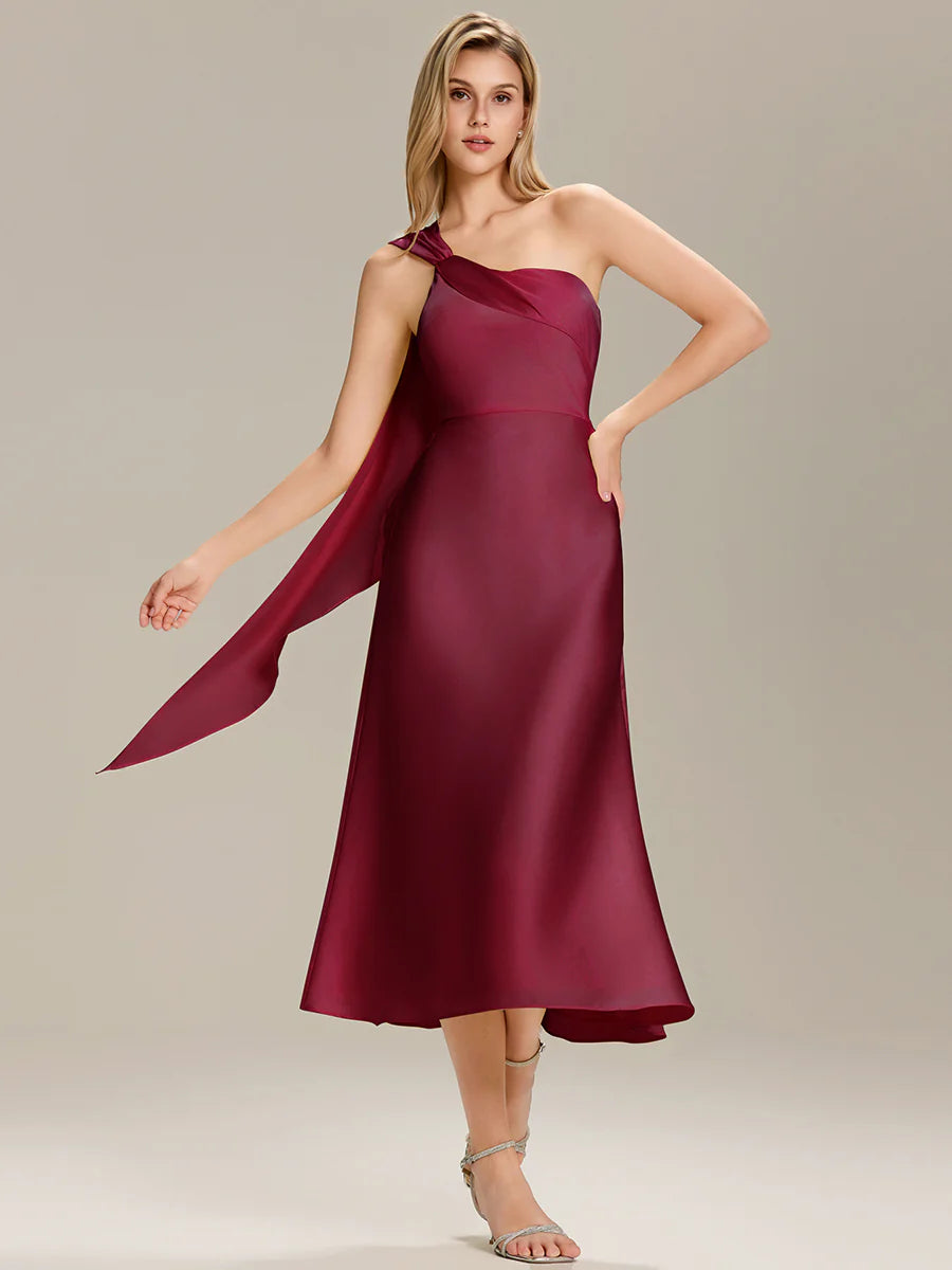 One Shoulder Gathered Non-Stretch Midi Wrap Wedding Guest Dresses