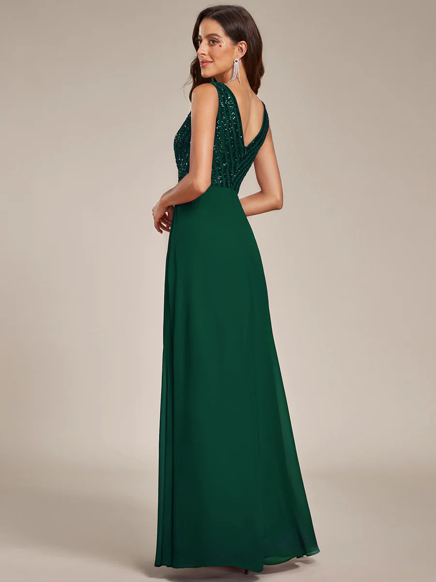 Sleeveless VNeck Sequin & Chiffon Wholesale Evening Dresses