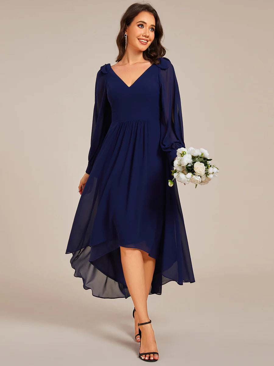 Elegant Butterfly Design Long Sleeves Midi Length A-Line Asymmetrical Hem Chiffon Dresses