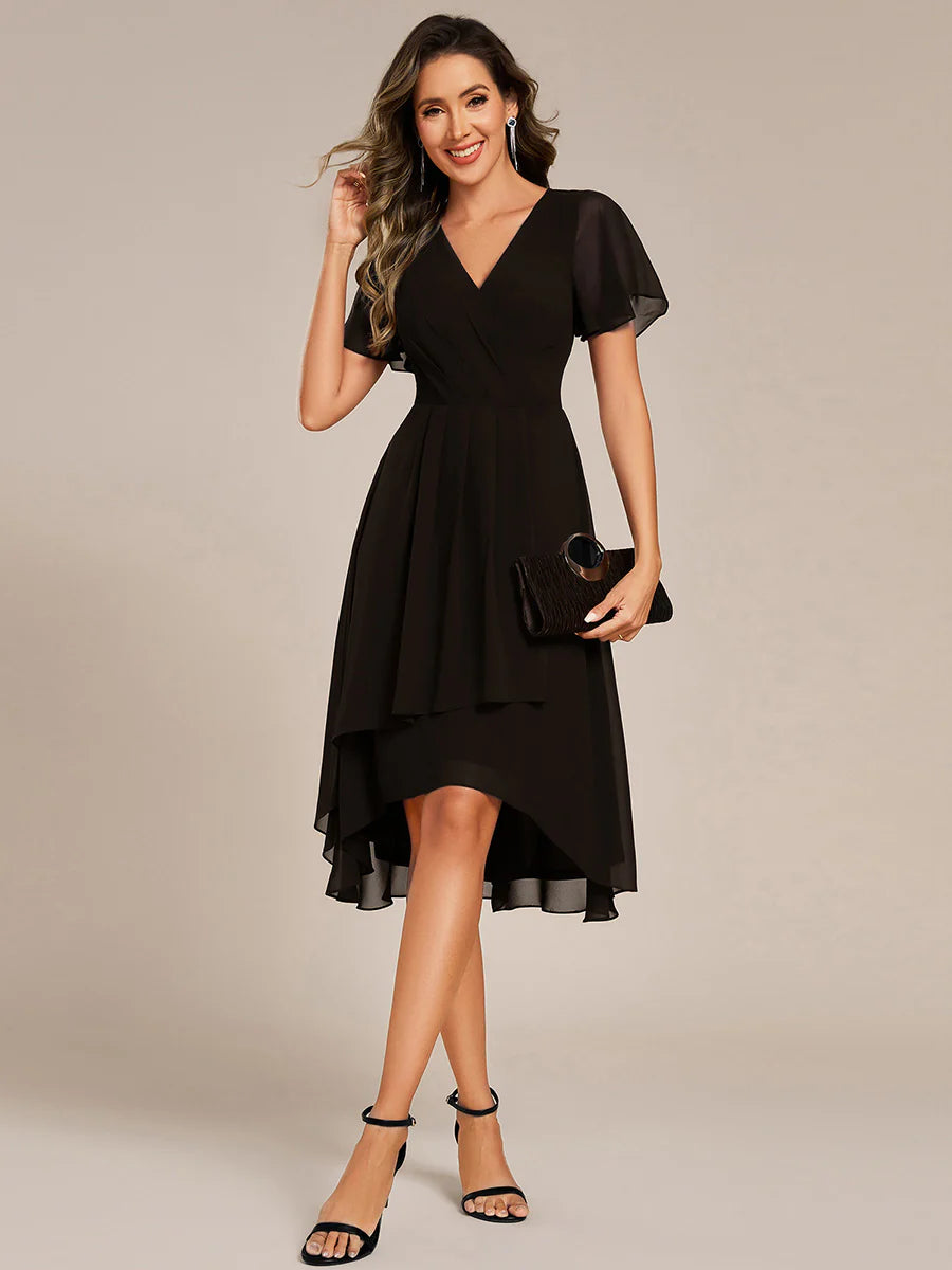 Short Sleeve Ruffled V-Neck Pleated Asymmetrical Midi Wedding Guest Dresses