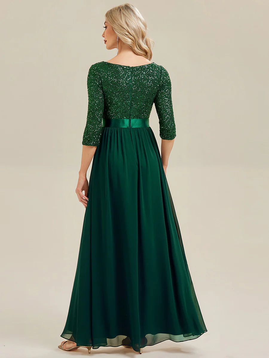 3/4 Sleeve Sequin Patchwork A-Line Floor Length Evening Dresses