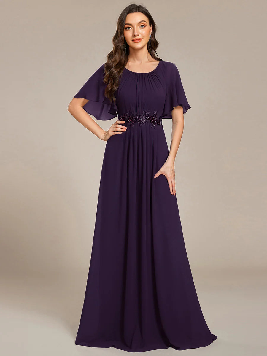 Short Sleeves Pleated Applique A-Line Floor-Length Formal Evening Dress