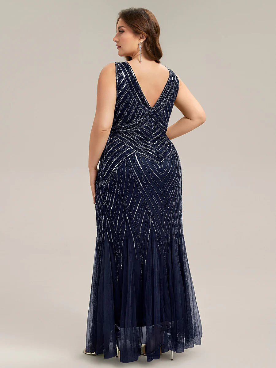 Commercial Wholesale Sleeveless High Stretch Fishtail Beaded V-Neck Evening Dresses