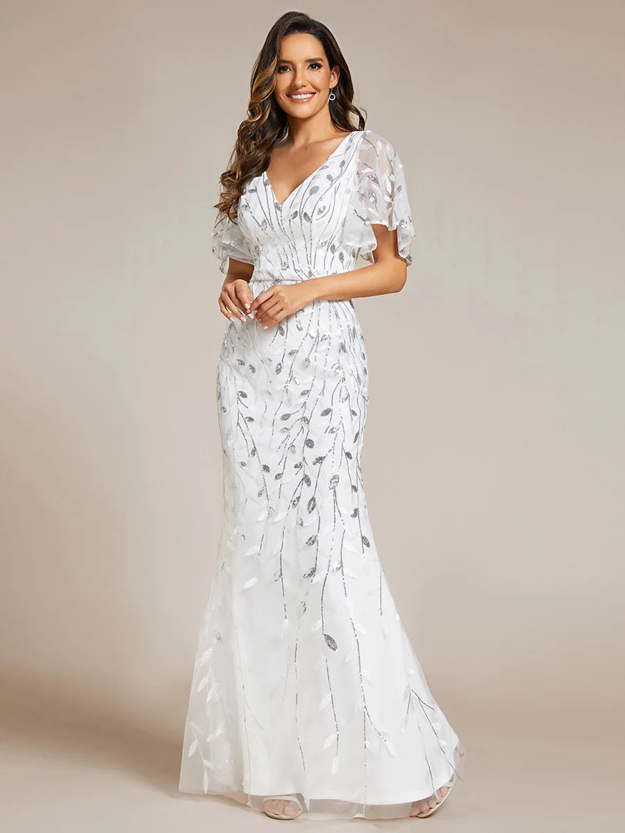 Gorgeous V Neck Leaf-Sequined Fishtail Wholesale Evening Dress