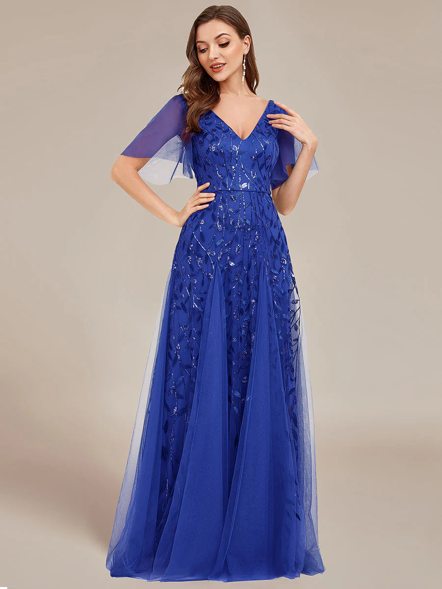 Deep V Neck Wholesale Sequin Evening Gown With Short Sleeves