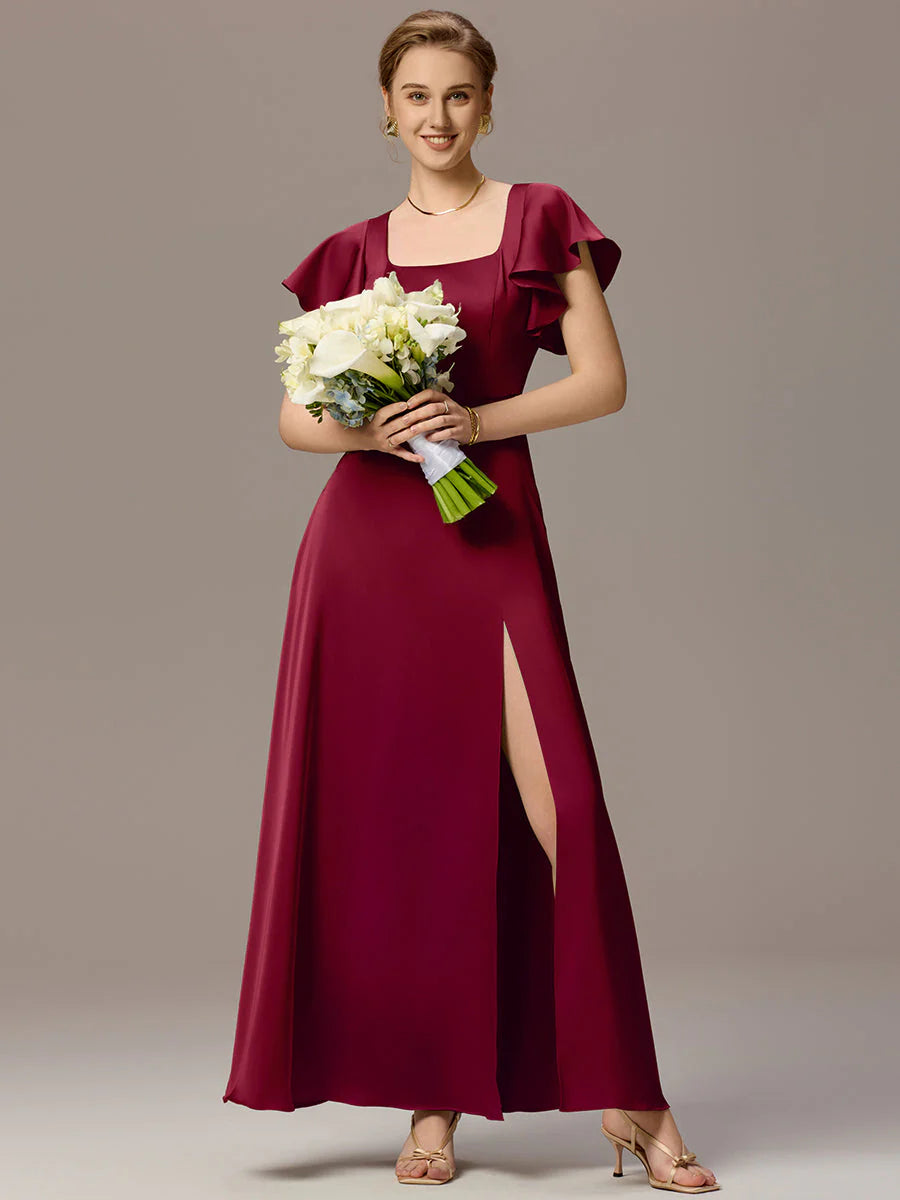 Customized Satin Square Neck Short Sleeve Ruffled Maxi Bridesmaid Dress with Pockets