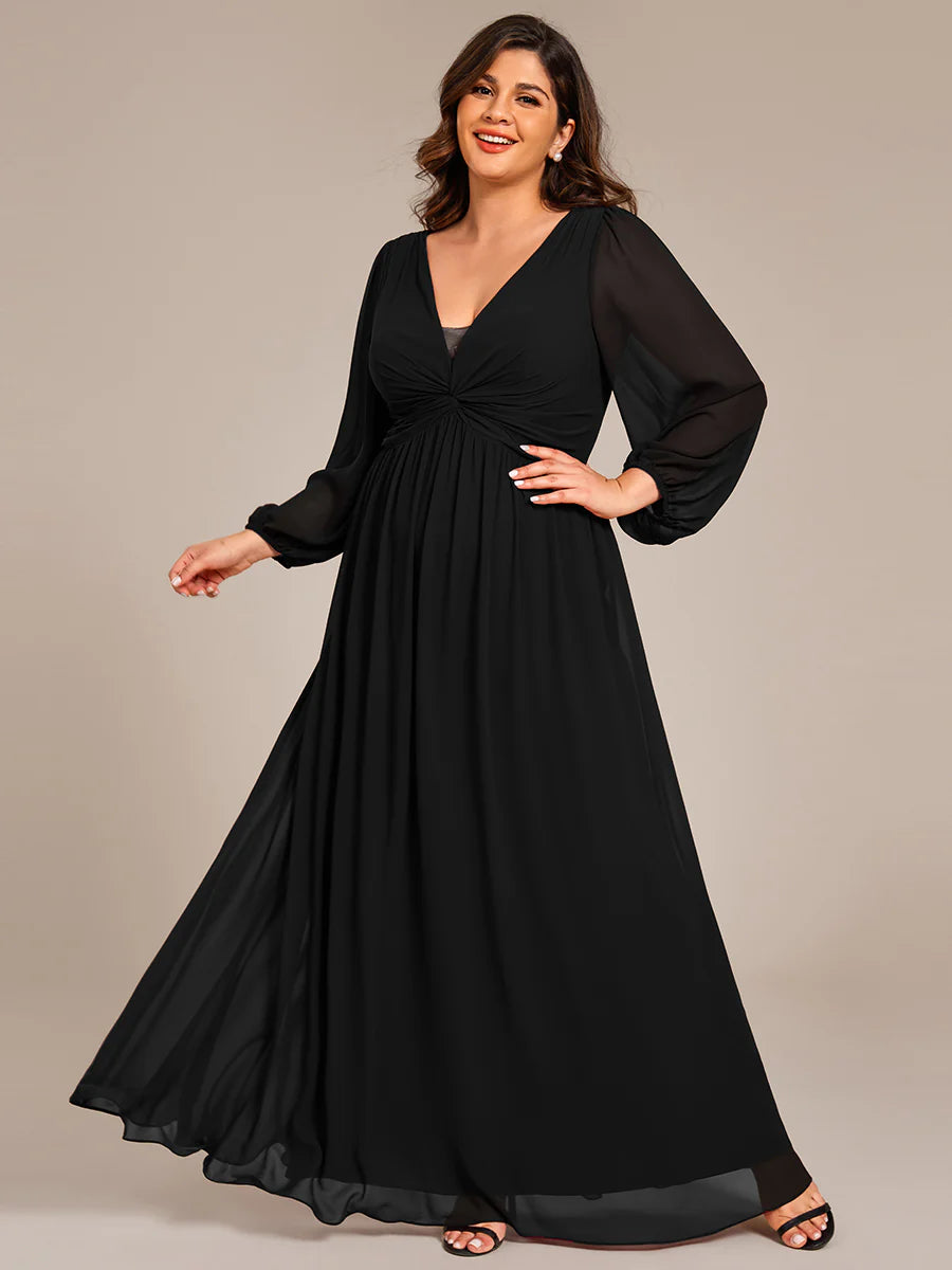 Plus Size Graceful See-Through V Neck Padded Enough Pleated Decoration Chiffon Evening Dresses
