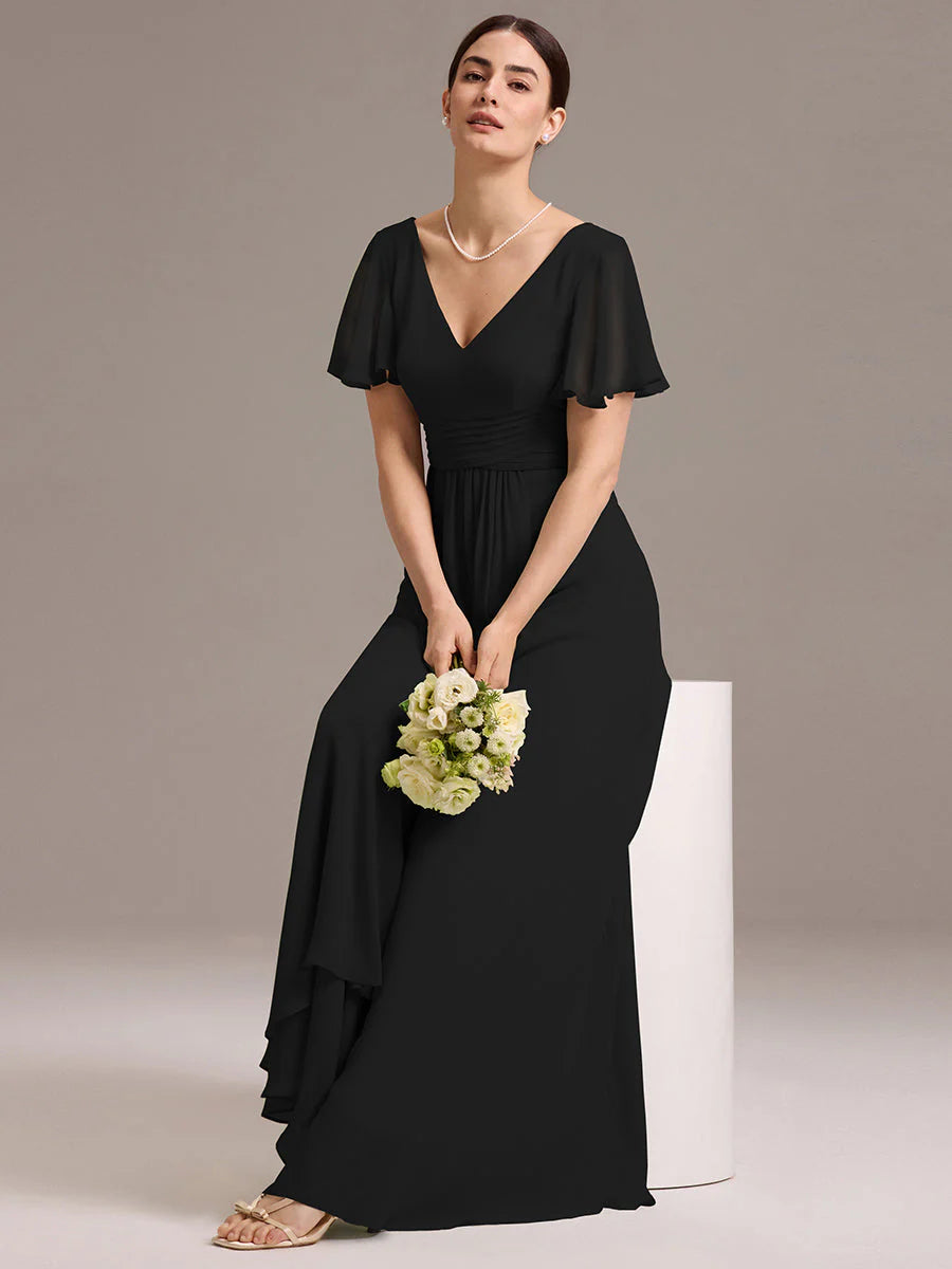 Wholesale | Customizable Double V-Neck Ruffled-Sleeve A-Line Chiffon Dress