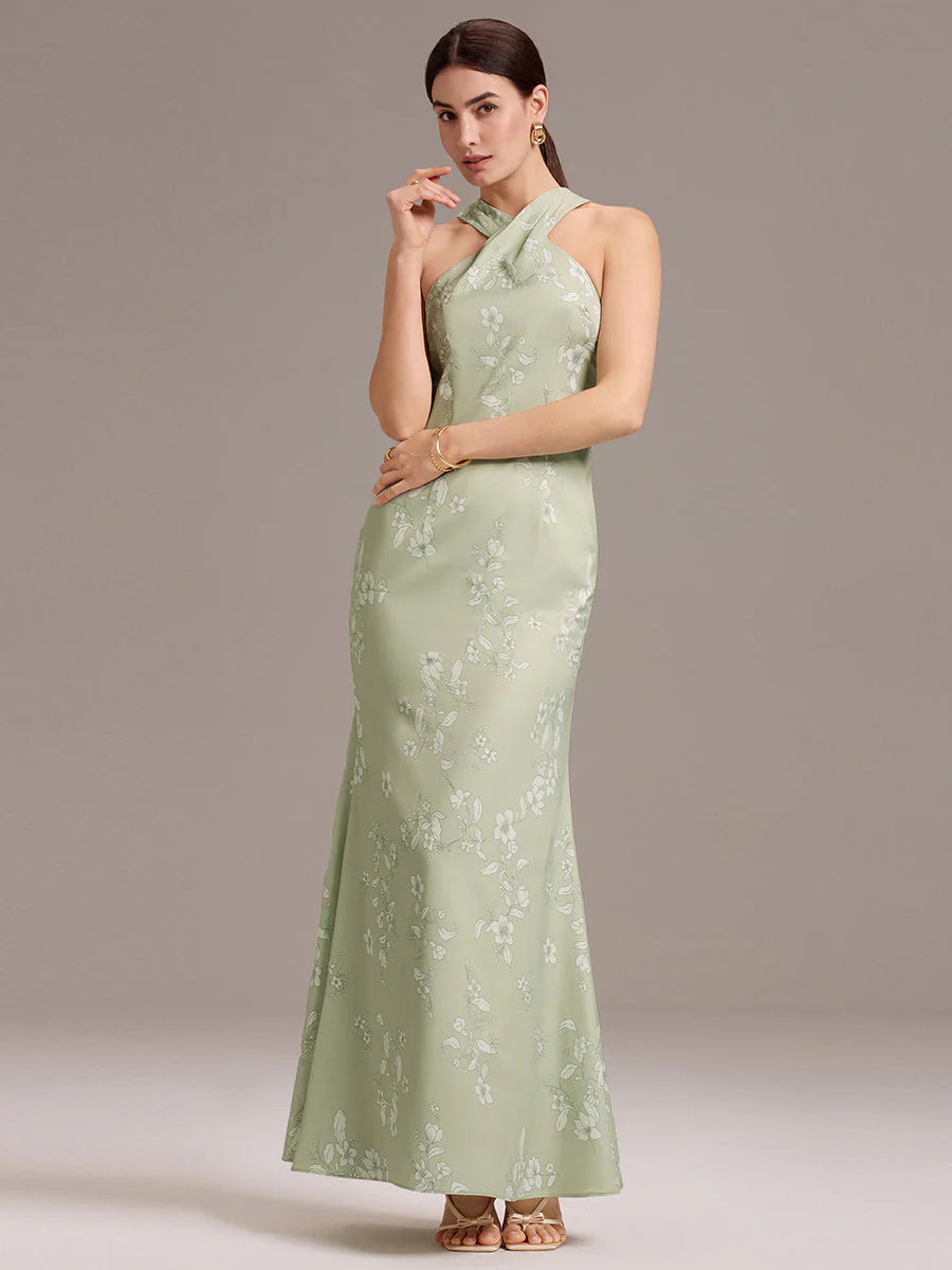 Sleeveless Halter Neck Mermaid Floor Length Dress with Floral Ribbon Bridesmaid dresses