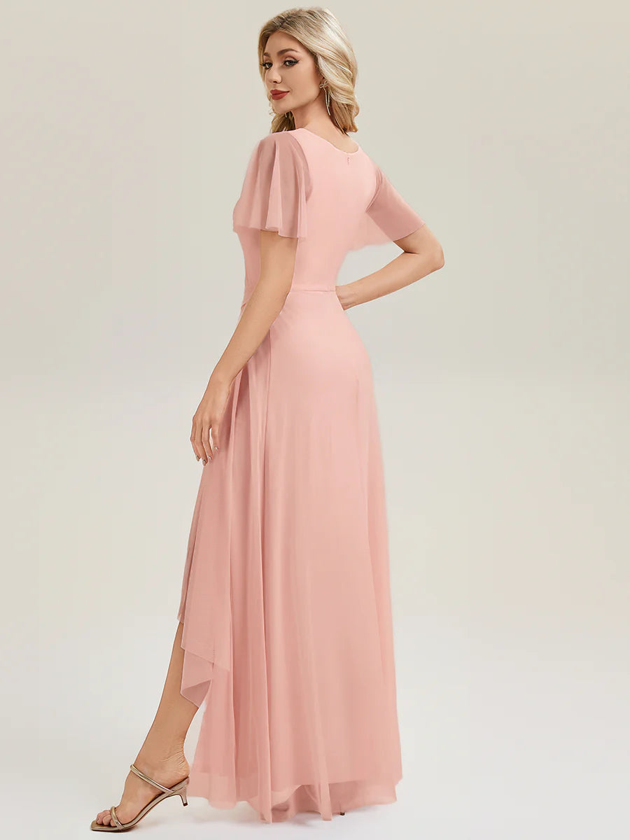 Short Sleeve Ruffle Deep V-Neck High Stretch A-Line Floor Length Bridesmaid Dresses