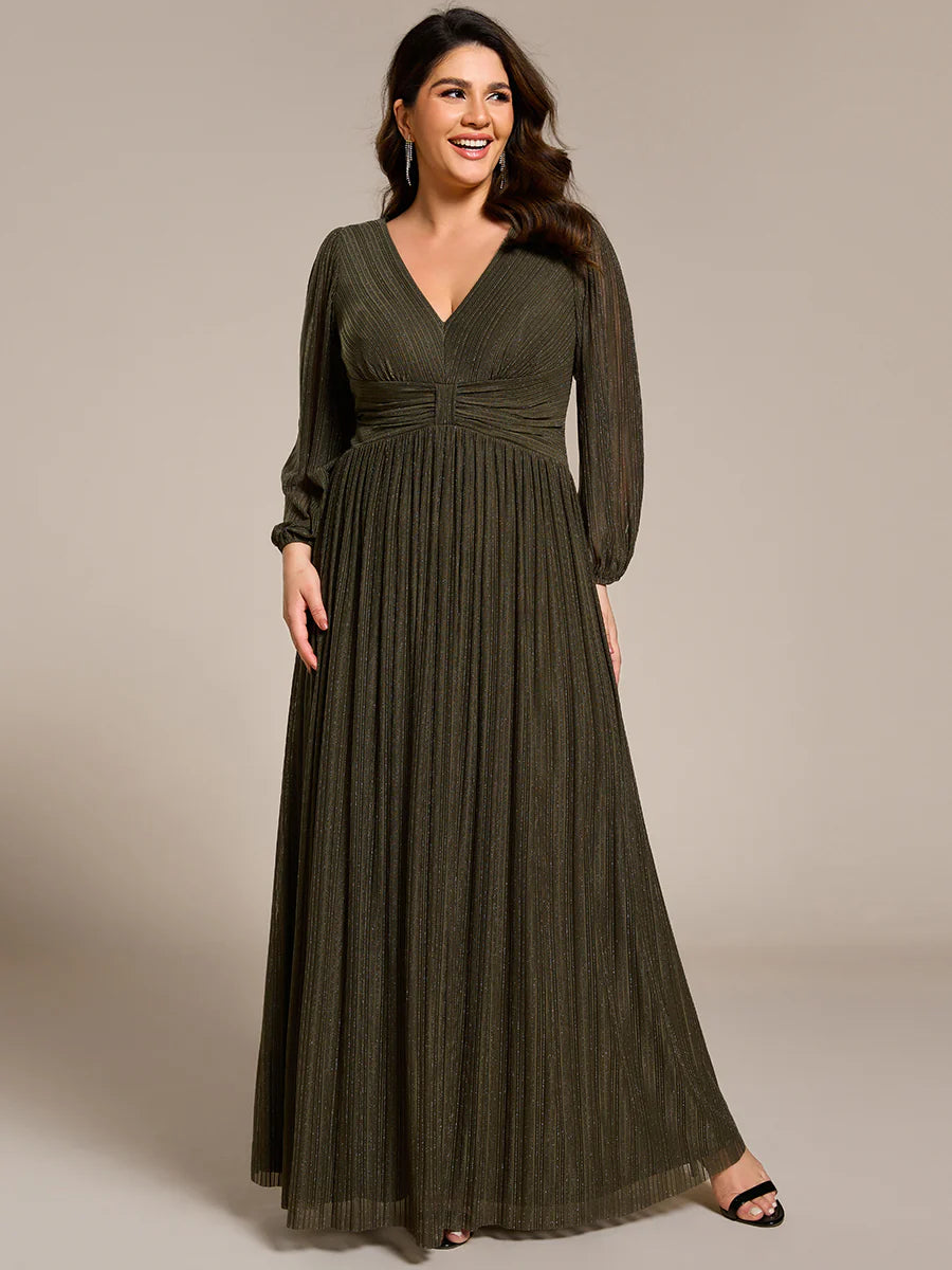 Plus Size Maxi Long Chiffon Waist  V Neck Wholesale Evening Dress with Long Sleeves