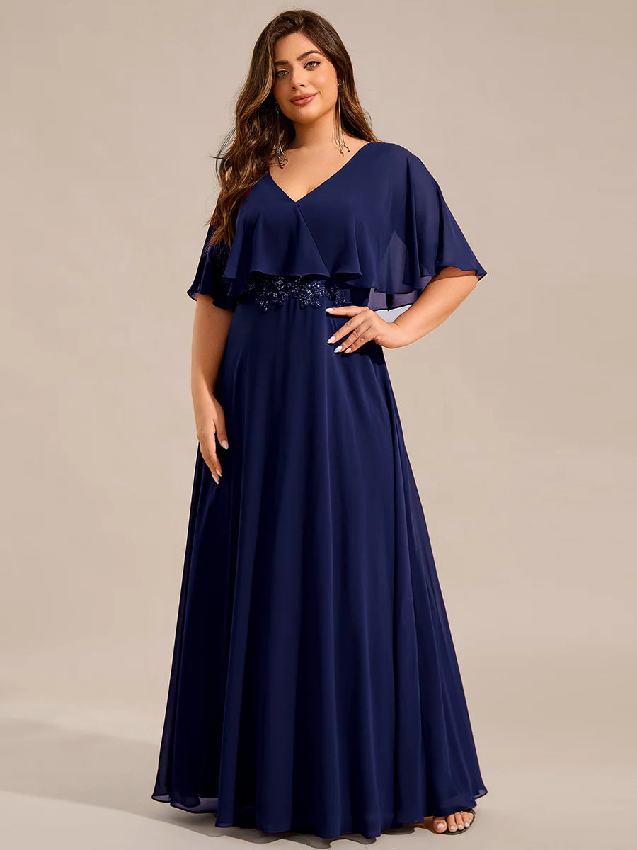 Plus Size Elegant Shawl Bat-wing Sleeve Chiffon Evening Dresses with Applique Decoration