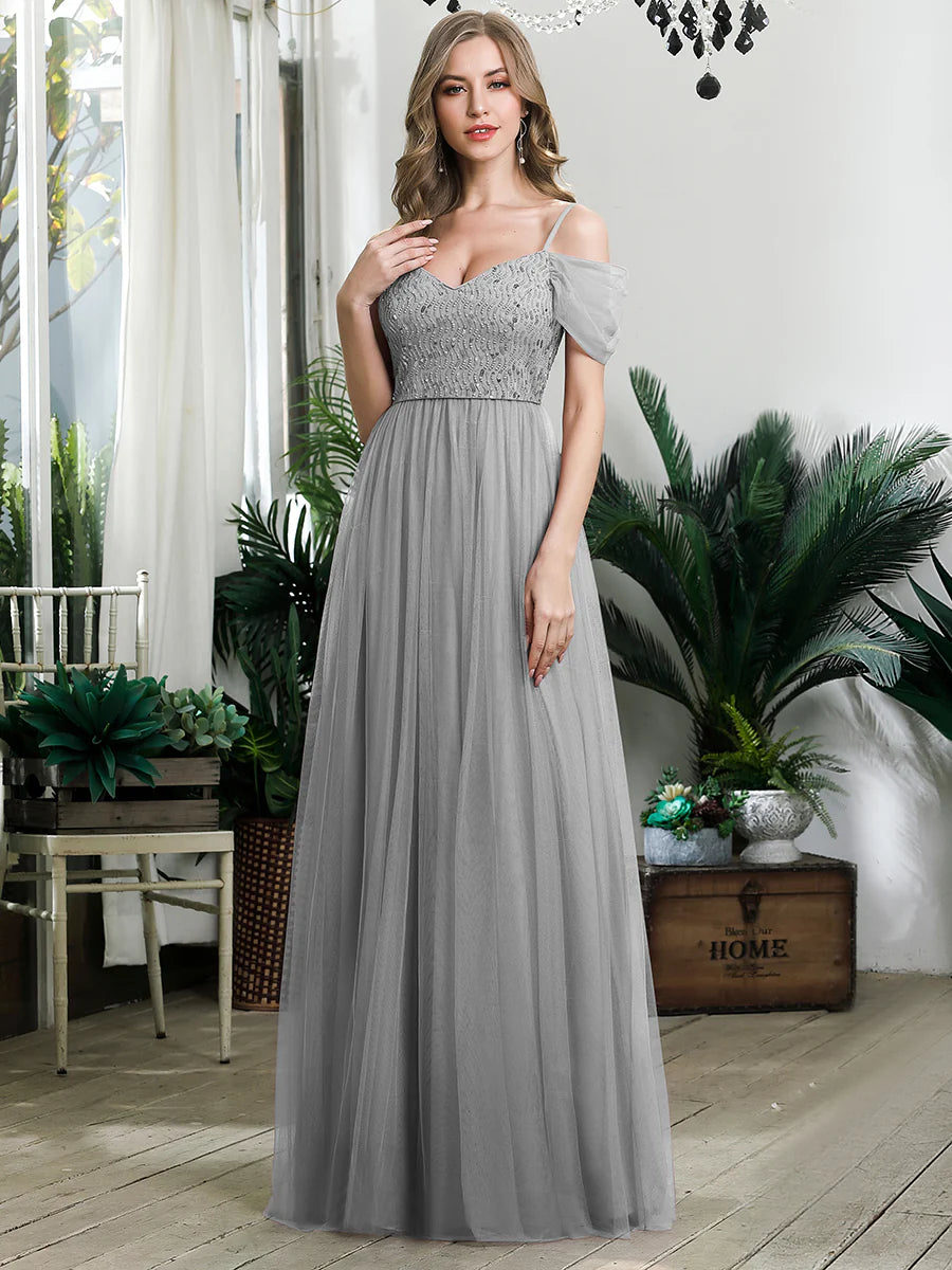 A-Line Sweetheart Neckline Ruffle Sleeve Tulle Wholesale Bridesmaid Dress