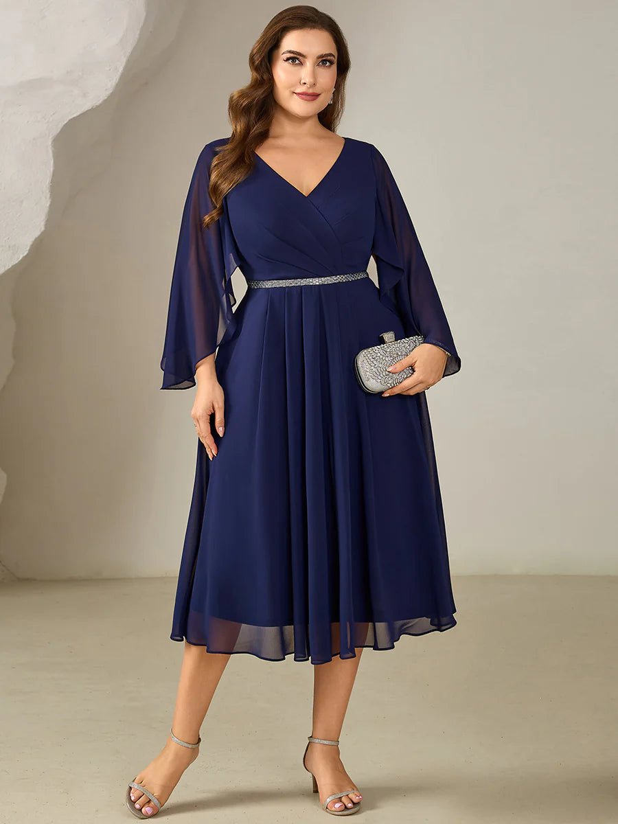 Plus Size 3/4 Sleeve Ruffle Deep V-Neck A-Line Midi Wedding Guest Dresses