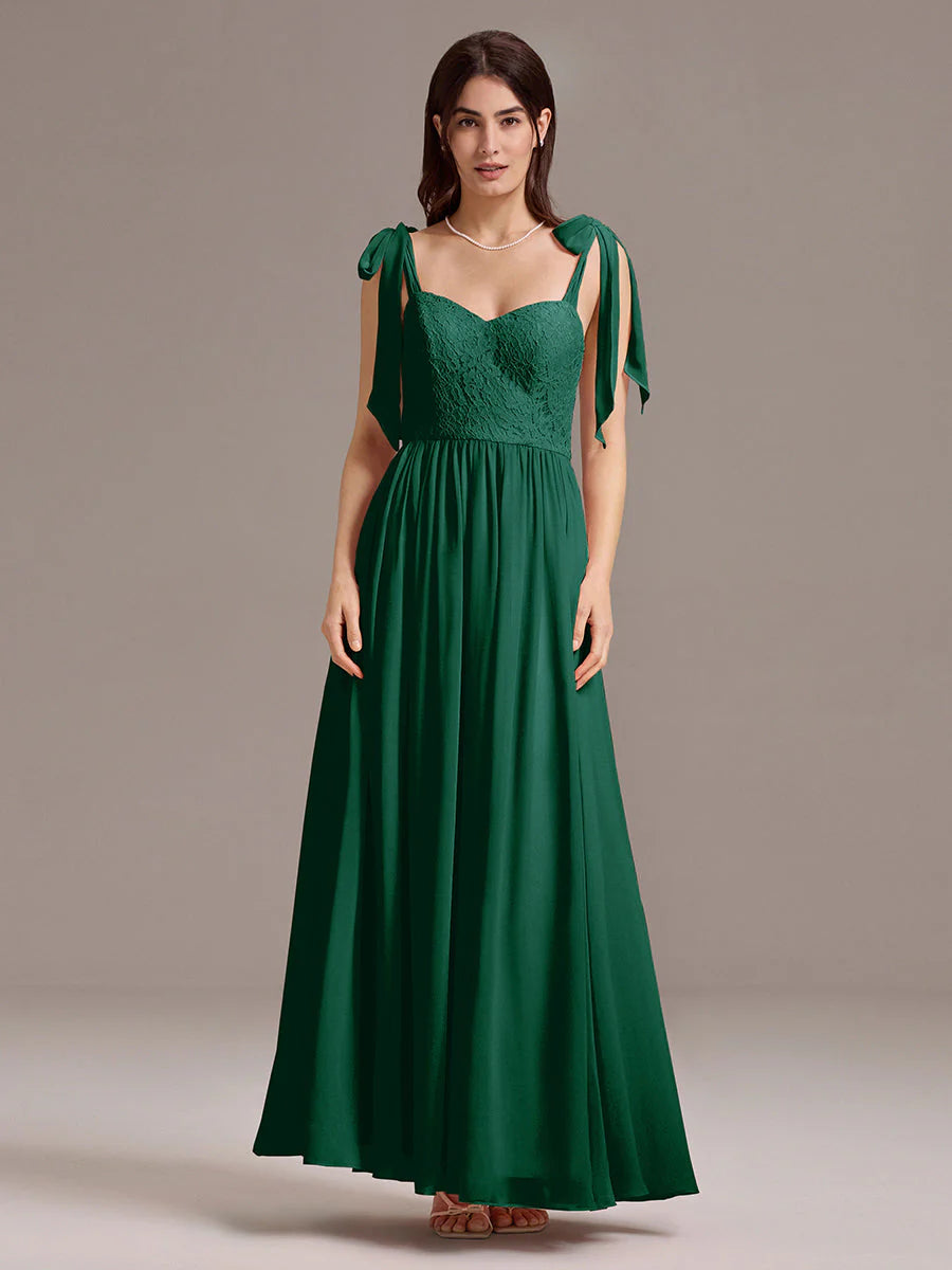 Chiffon Sweetheart Neck Bow Tie Backless A-Line Lace Bridesmaid Dress