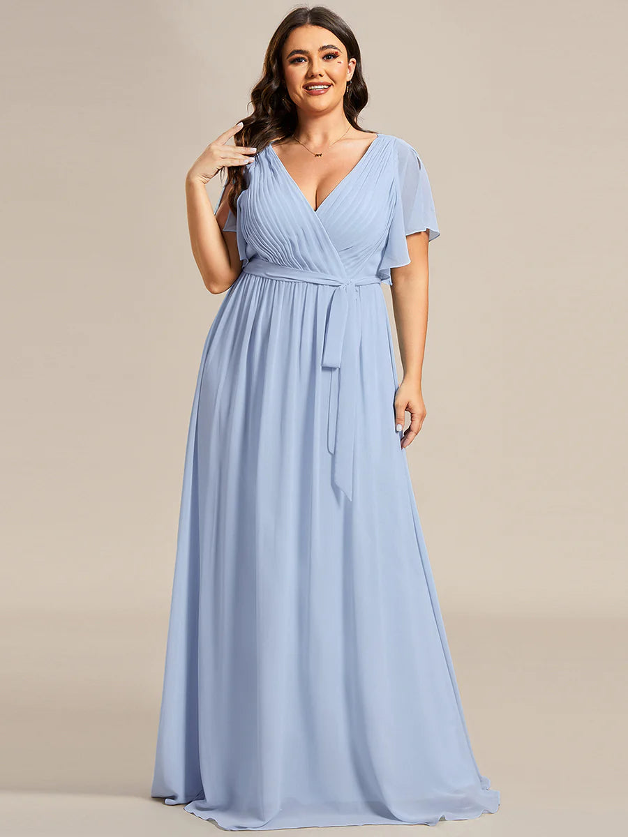 A Line Plus Size Wholesale Bridesmaid Dresses with Deep V Neck Ruffles Sleeves