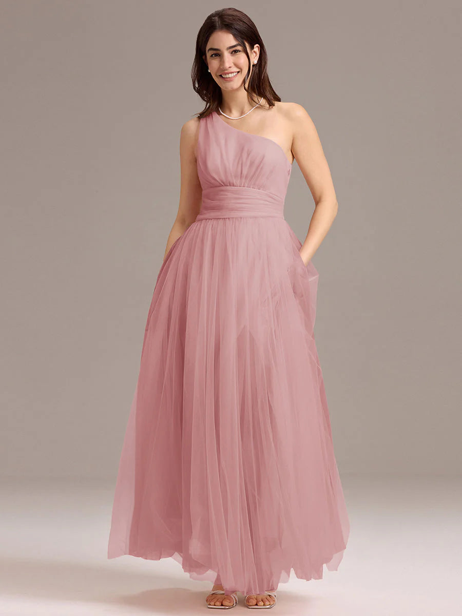 Custom Solutions Sleeveless Asymmetrical Pleated A-Line Floor Length Bridesmaid Dresses