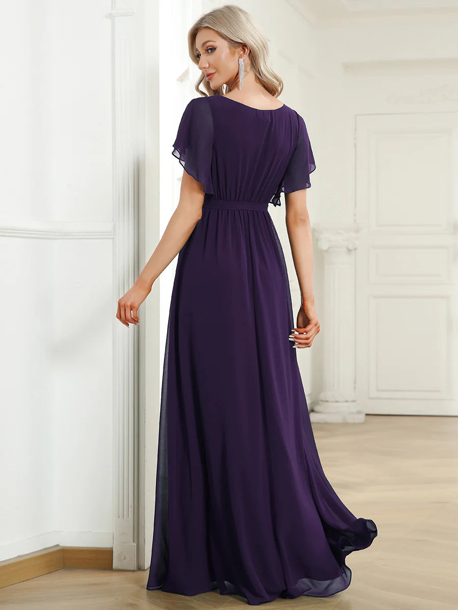 A Line Wholesale Evening Dresses with Deep V Neck Ruffles Sleeves