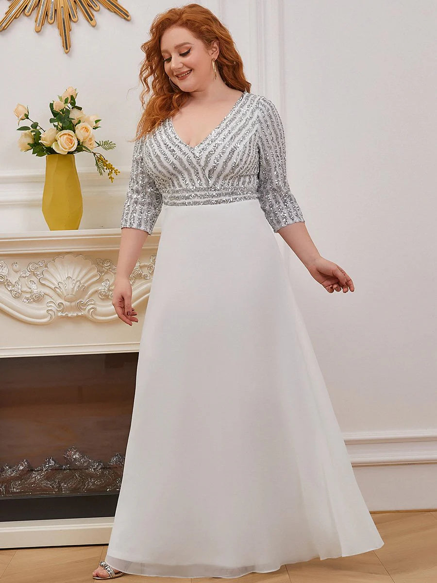 Sexy V Neck A-Line Plus Size Sequin Wholesale Evening Dress with Sleeve