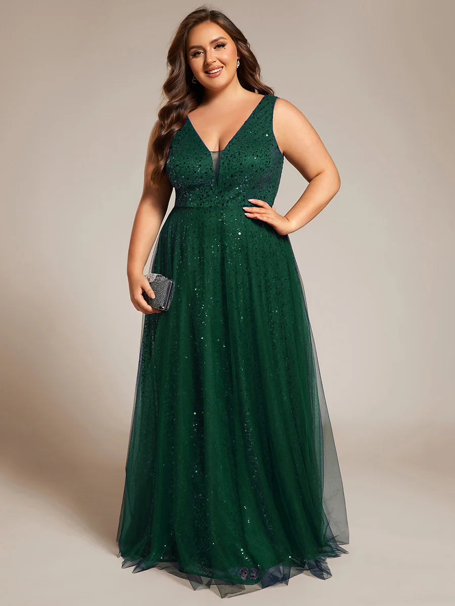 Elegant Plus Size V-Neck Backless Sequin Evening Dress with Sleeveless