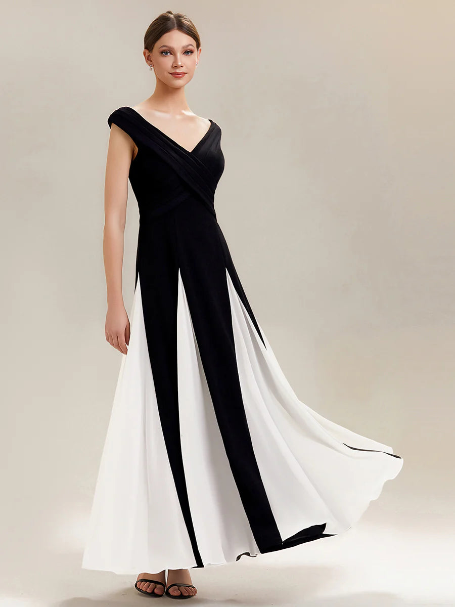 Factory Design Short Sleeve V-Neck High Stretch A-Line Floor Length Wedding Guest Dresses