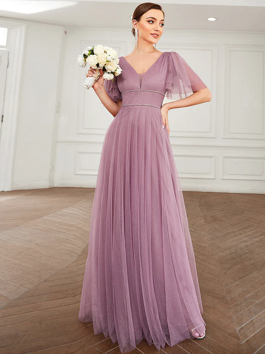 Wholesale Long Deep V Neck Maxi A-Line Tulle Evening Dress