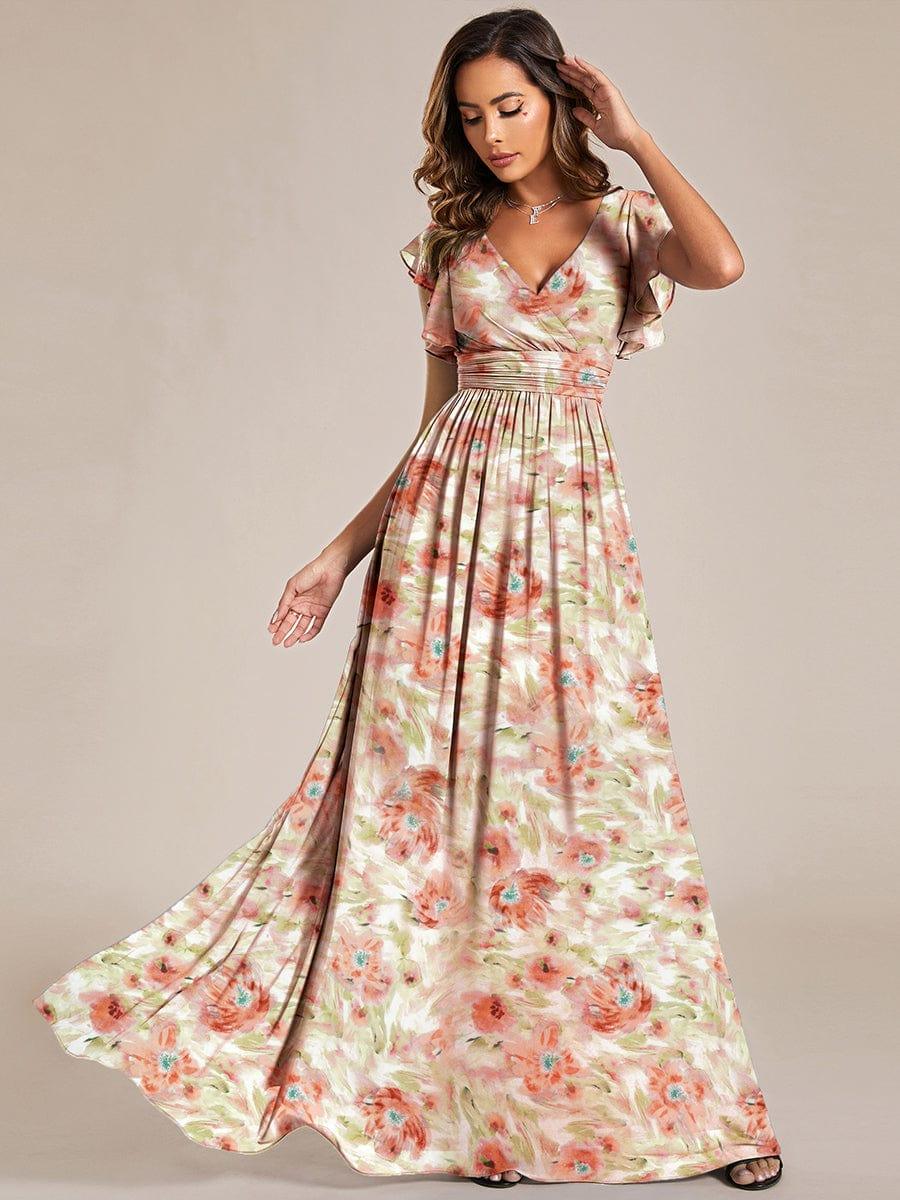 Ever LILYANA|Floral V-Neck Open Back Ruffled Sleeves Chiffon Bridesmaid Dress