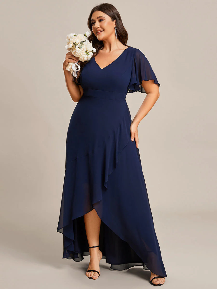 Plus V Neck High Low Ruffles Chiffon Wholesale Bridesmaid Dresses