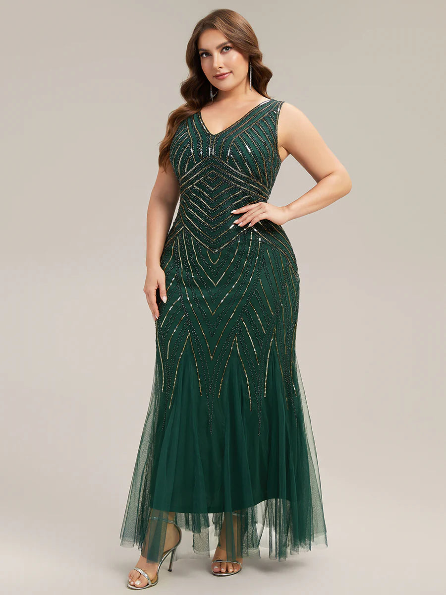 Commercial Wholesale Sleeveless High Stretch Fishtail Beaded V-Neck Evening Dresses