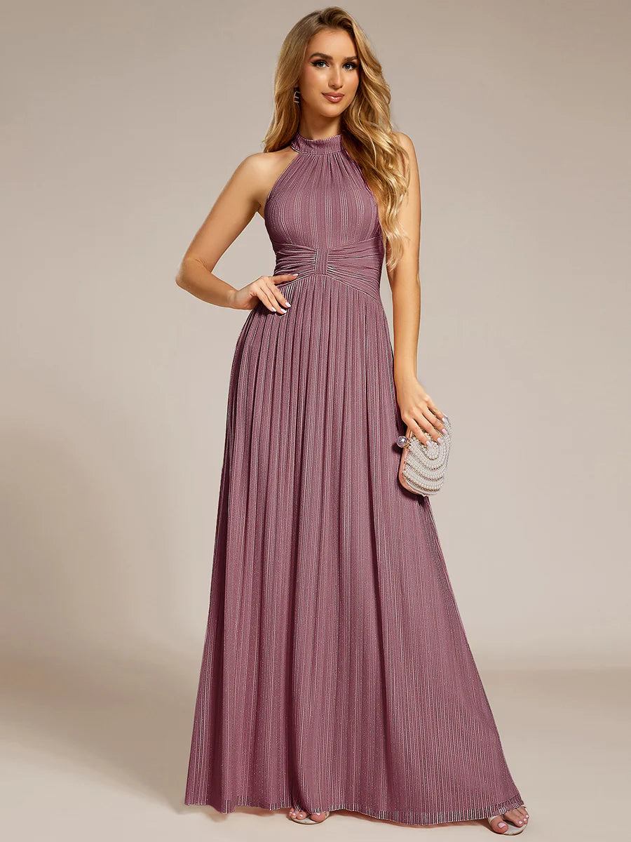 Glittery Halter Neck Pleated Formal Wholesale Evening Dress